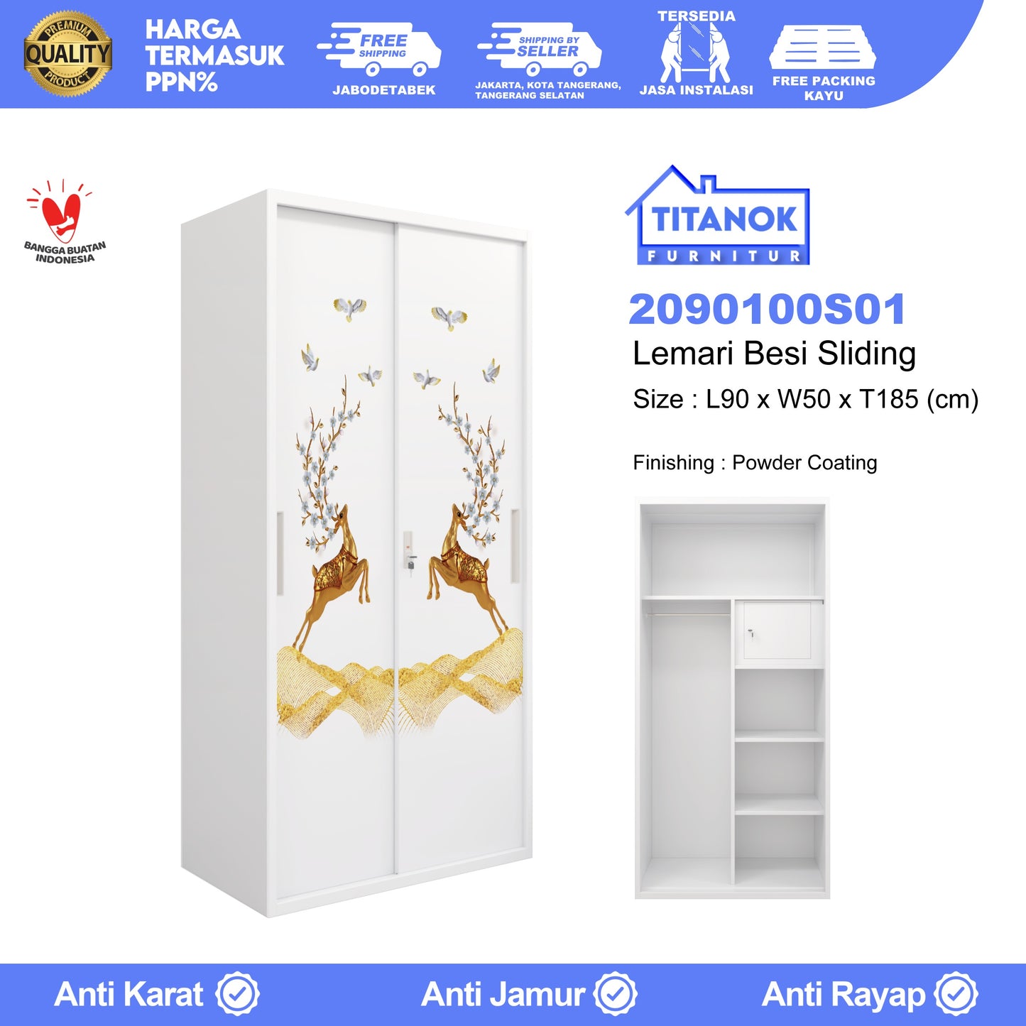 Lemari 2 Pintu Ukuran 90 Tanpa Kaca Motif Rusa