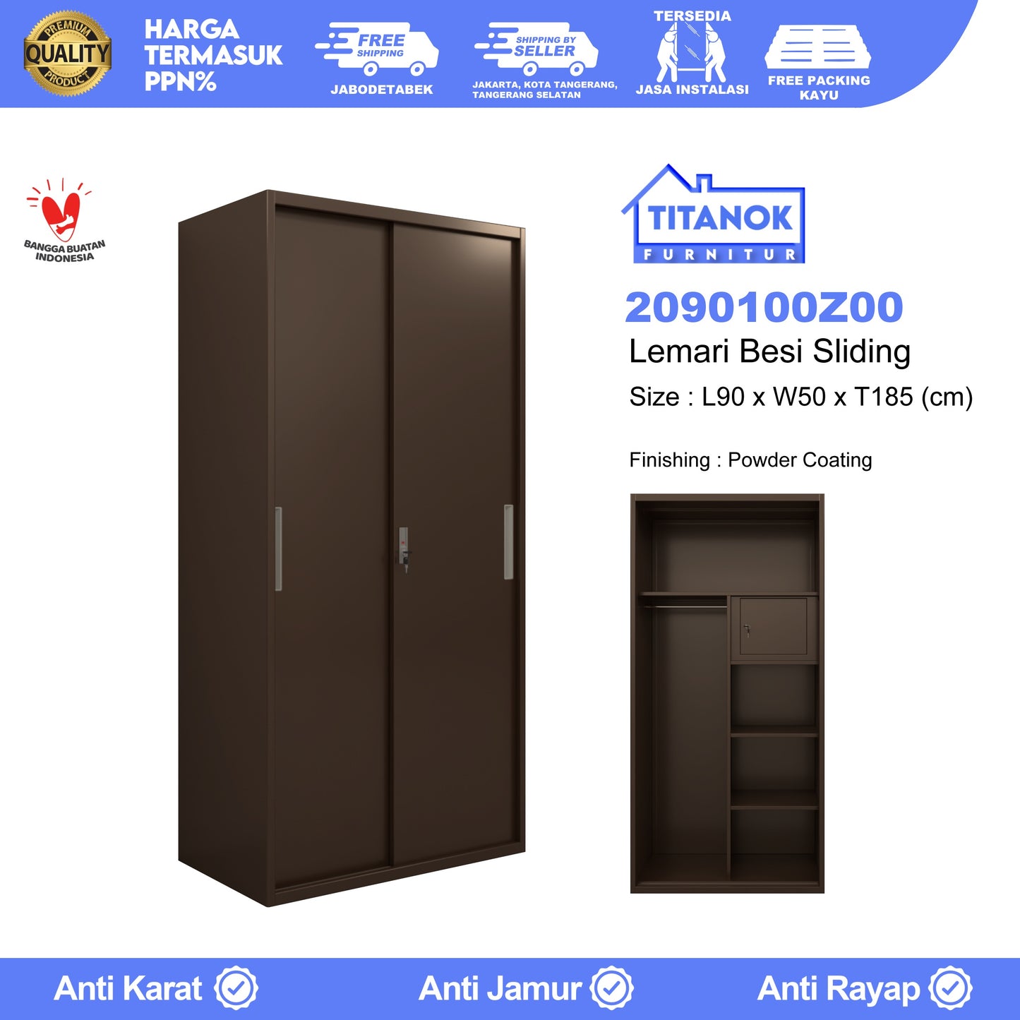 Lemari 2 Pintu Ukuran 90 Tanpa Kaca Cokelat