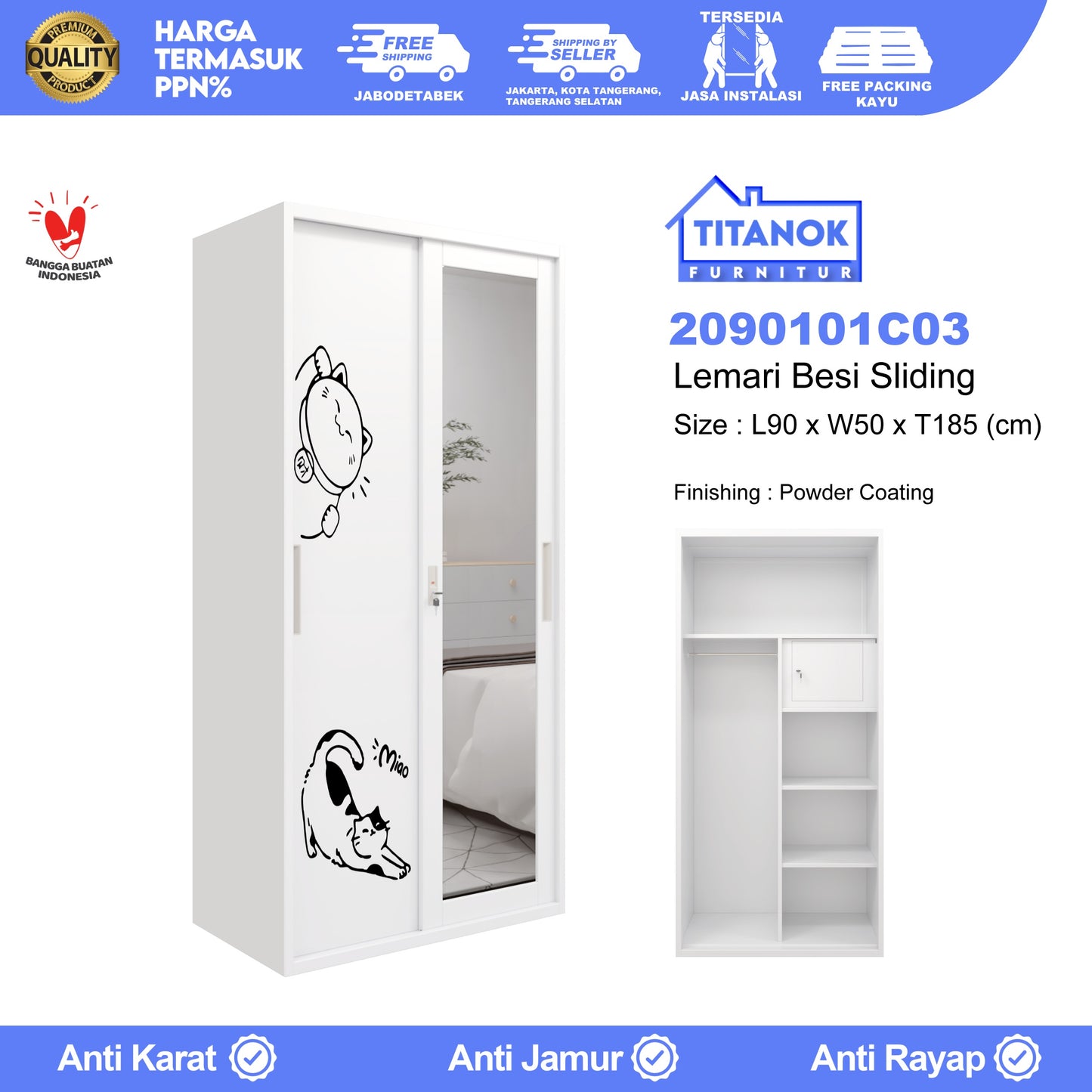 Lemari 2 Pintu Ukuran 90 Motif Kucing Gemoy