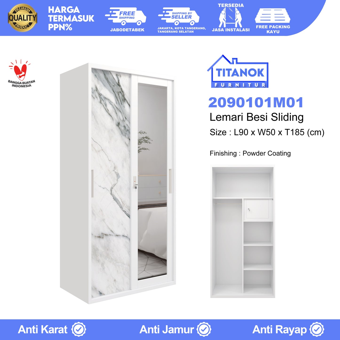 Lemari 2 Pintu Ukuran 90 Motif Marble Abu