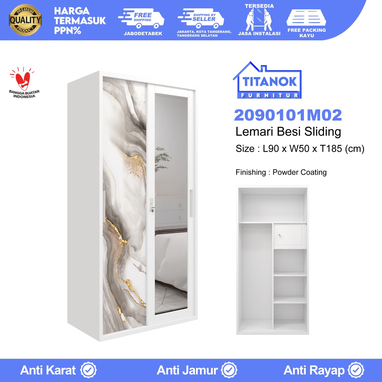 Lemari 2 Pintu Ukuran 90 Motif Marble Gold