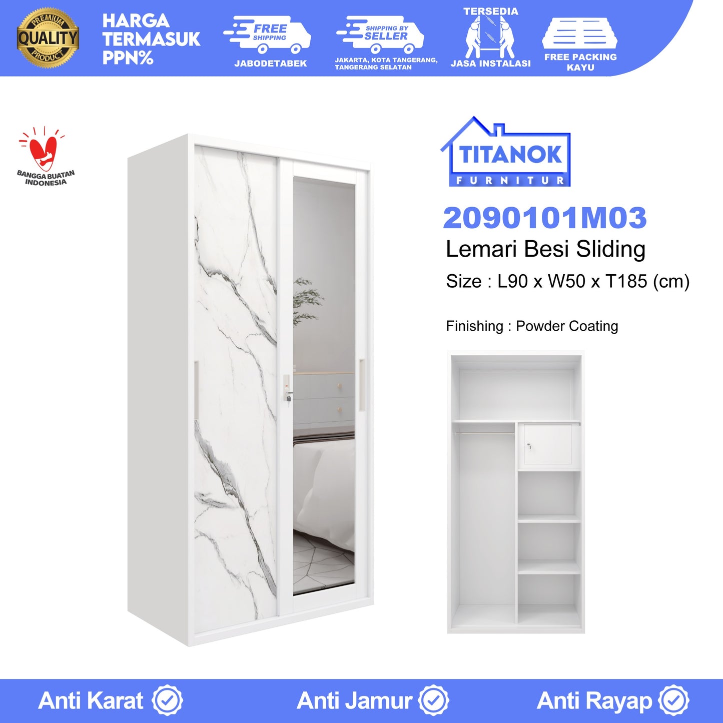 Lemari 2 Pintu Ukuran 90 Motif Marble Putih