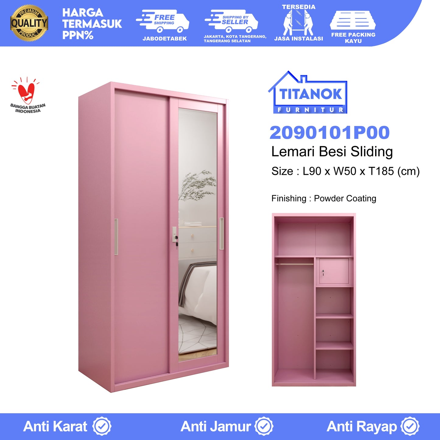 Lemari 2 Pintu Ukuran 90cm Motif Pink Polos