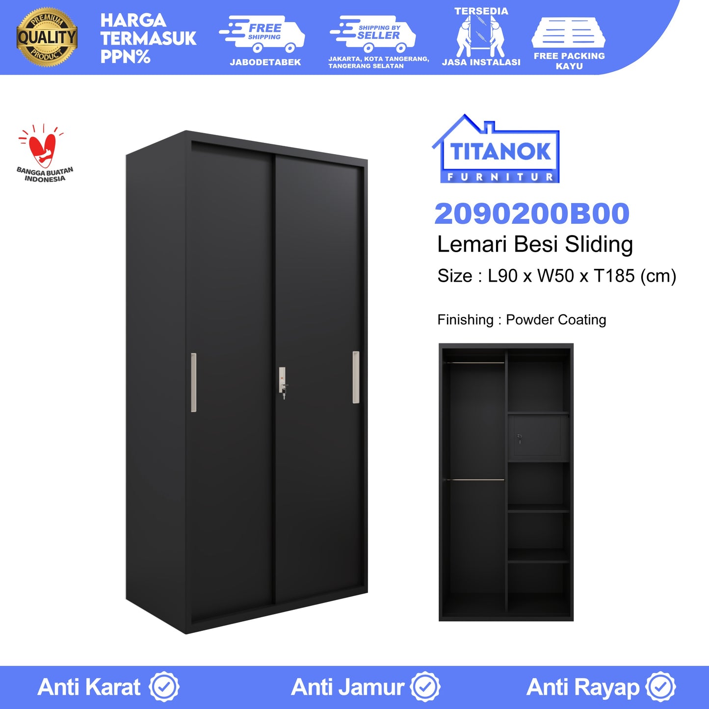 Lemari 2 Pintu ukuran 90 Tanpa Kaca Hitam