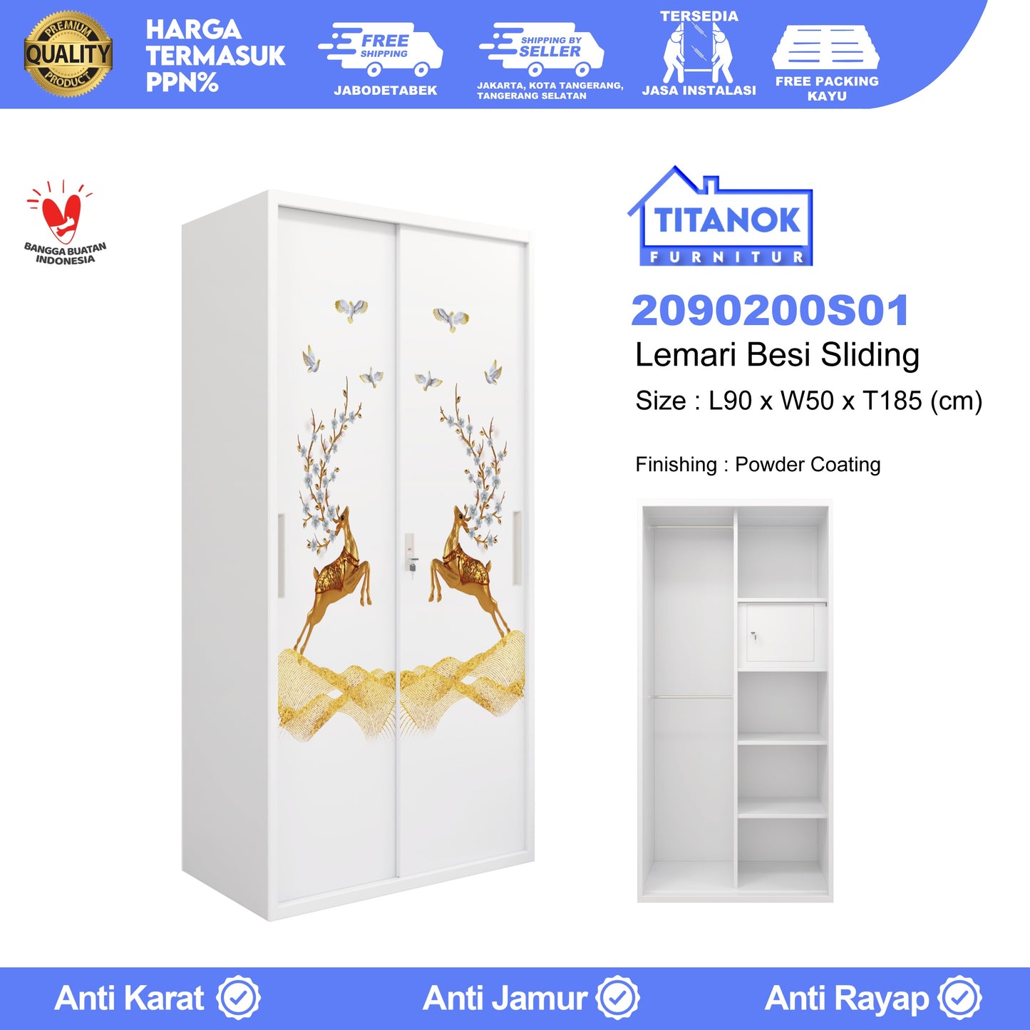 Lemari 2 Pintu Ukuran 90 Tanpa Kaca Motif Rusa