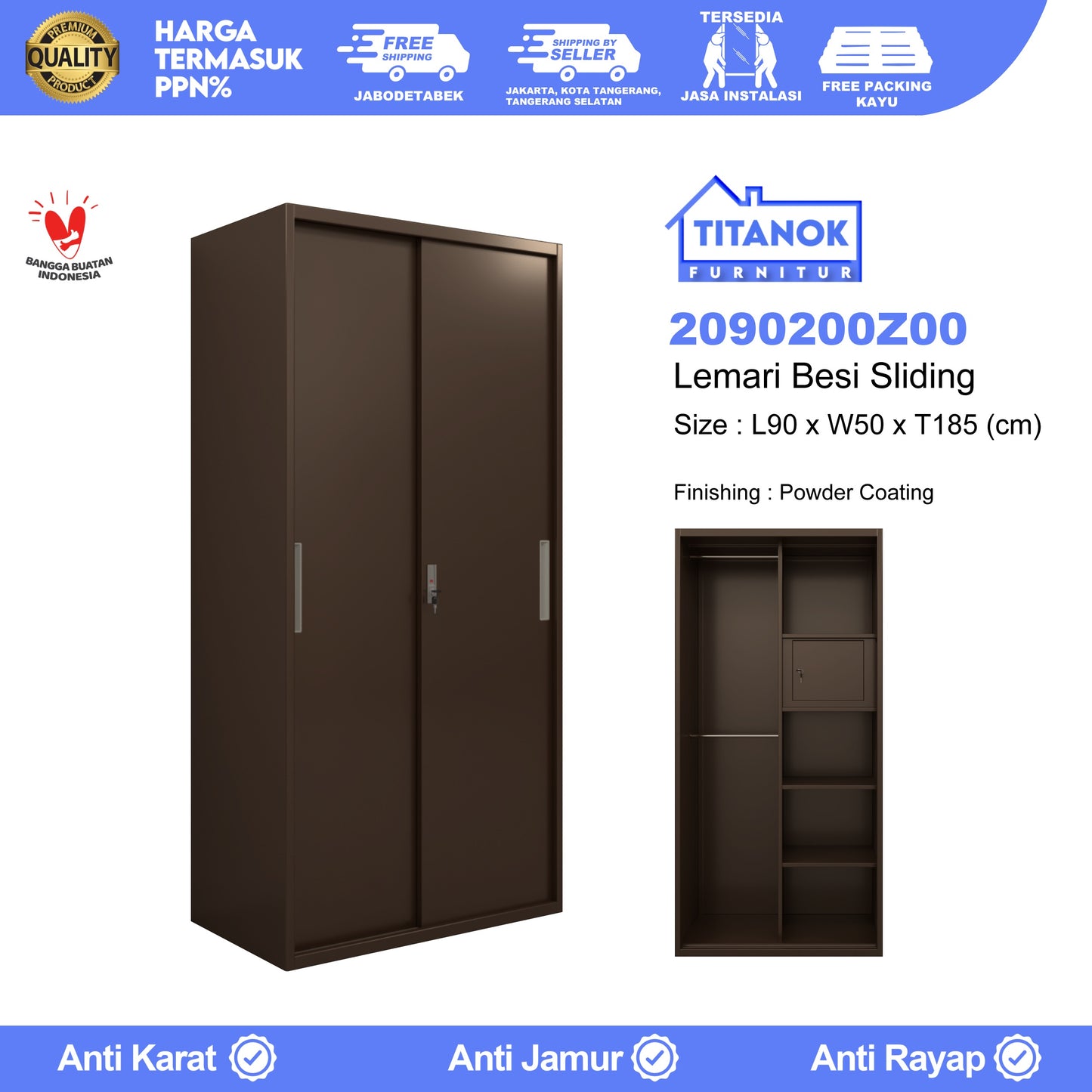 Lemari 2 Pintu Ukuran 90 Tanpa Kaca Cokelat