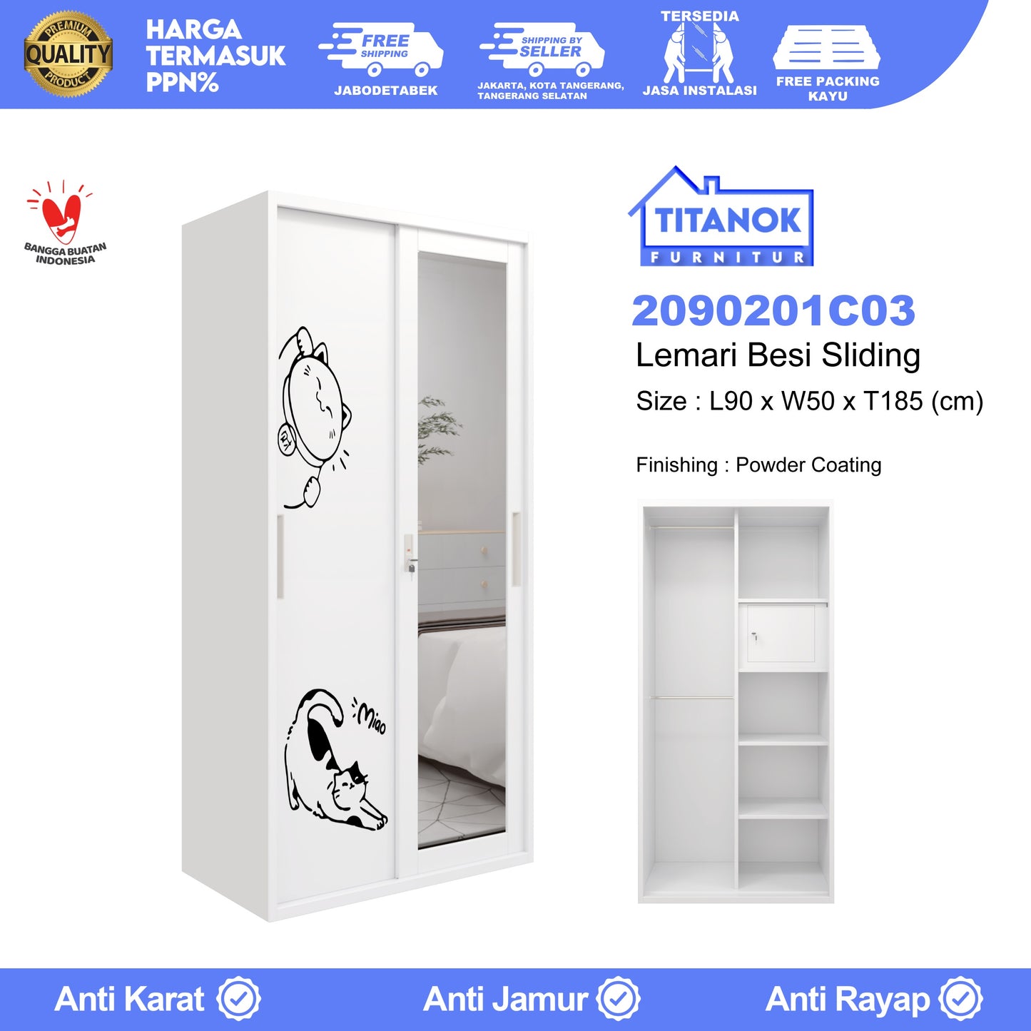 Lemari 2 Pintu Ukuran 90 Motif Kucing Gemoy