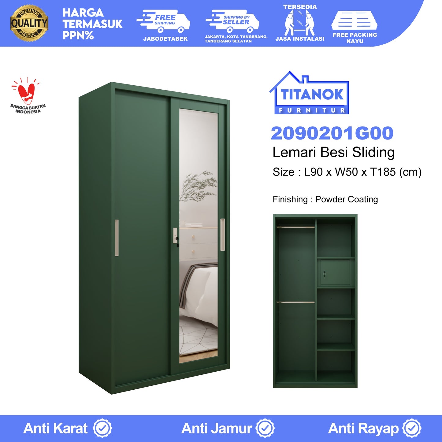 Lemari 2 Pintu Ukuran 90cm Hijau Polos