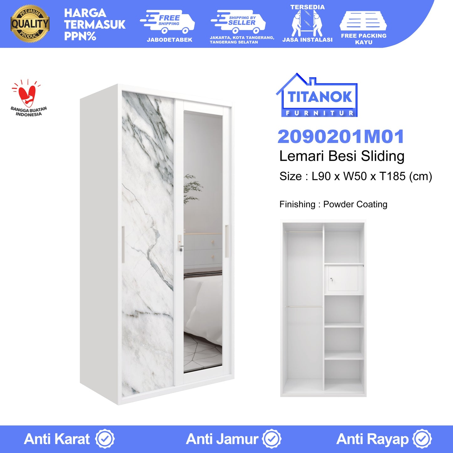 Lemari 2 Pintu Ukuran 90 Motif Marble Abu