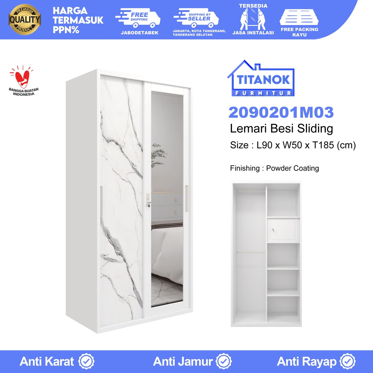 Lemari 2 Pintu Ukuran 90 Motif Marble Putih