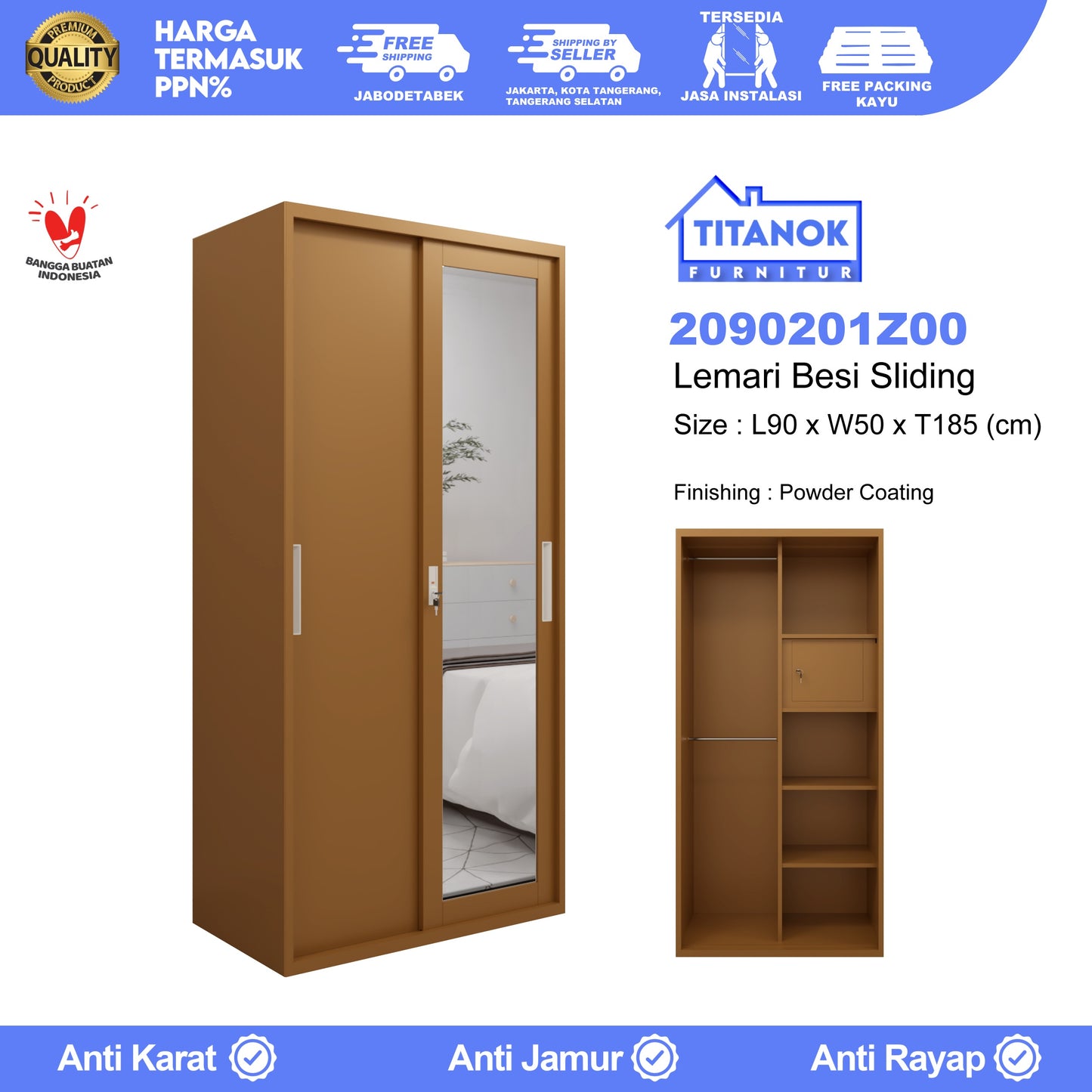 Lemari 2 Pintu Ukuran 90 Cokelat Polos