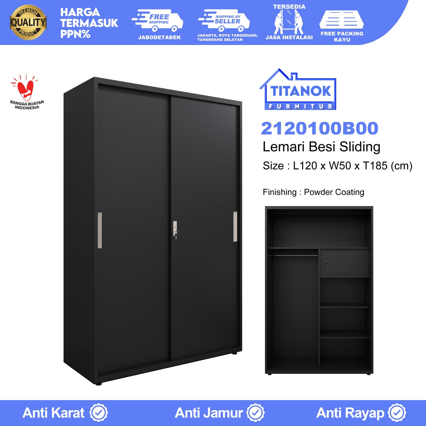 Lemari 2 Pintu Ukuran 120 Tanpa Kaca Hitam