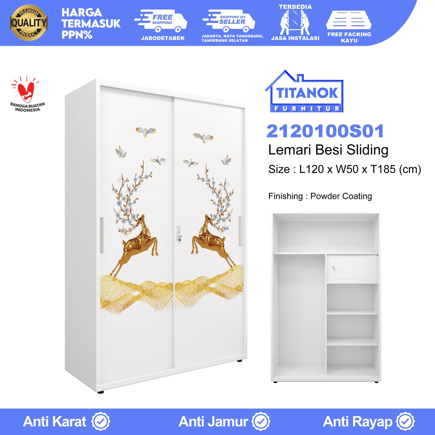 Lemari 2 Pintu Ukuran 120 Tanpa Kaca Motif Rusa
