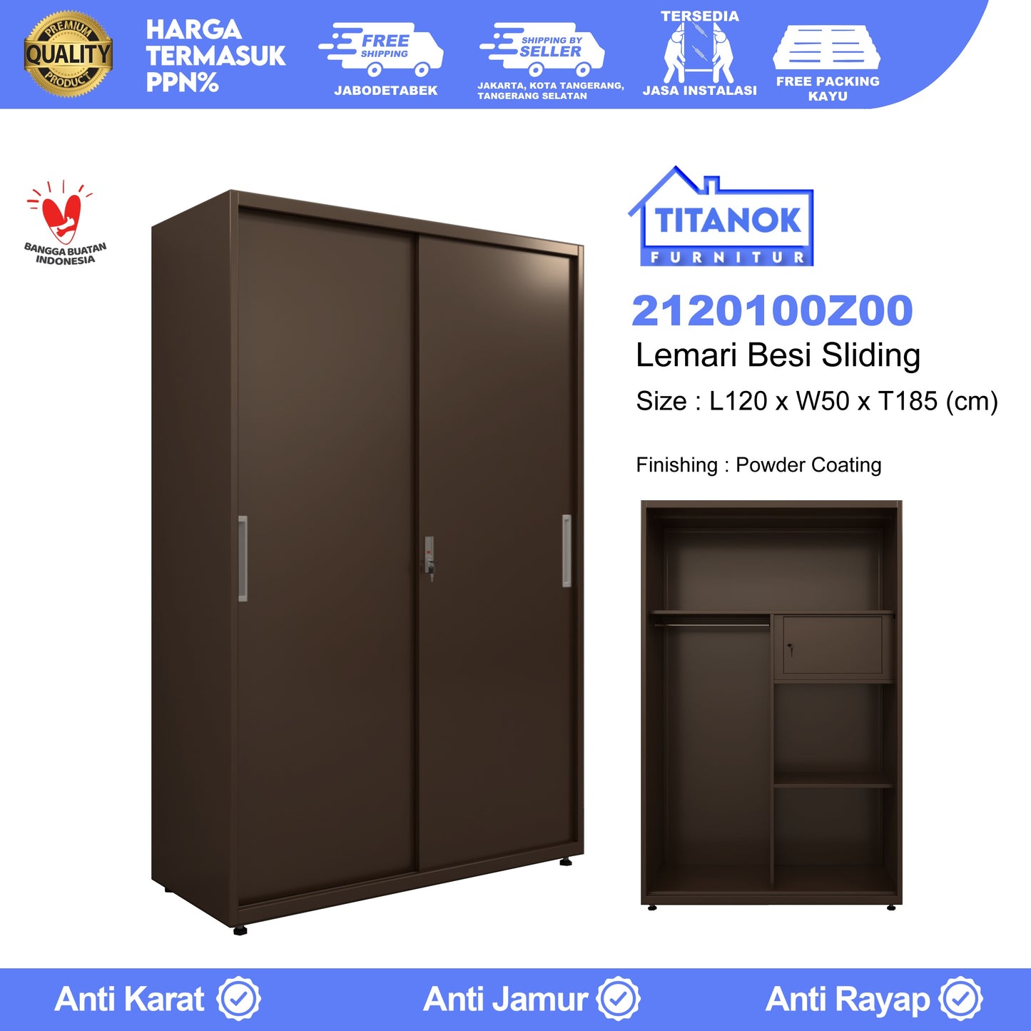 Lemari 2 Pintu Ukuran 120 Tanpa Kaca Cokelat