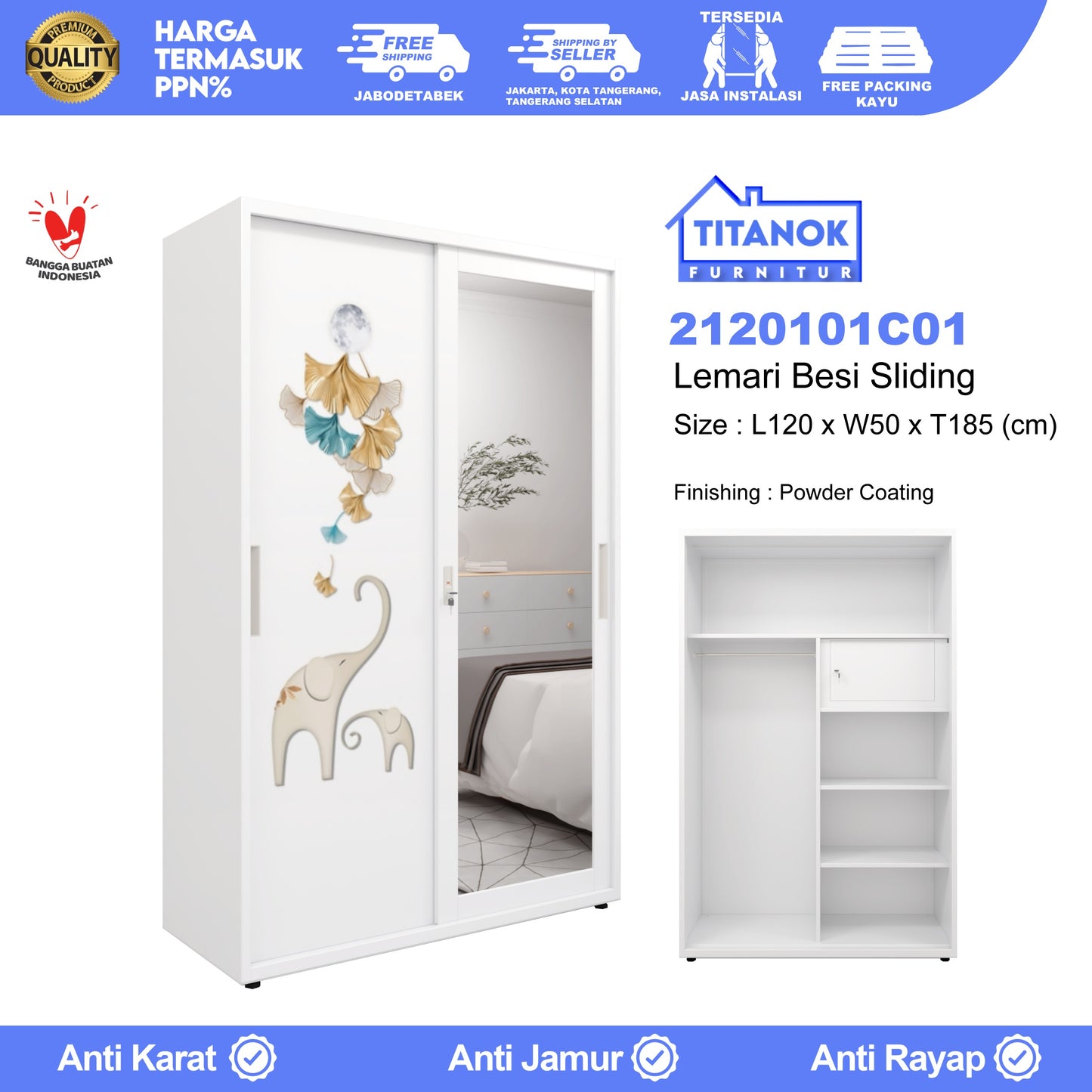 Lemari 2 Pintu Ukuran 120cm Motif Gajah
