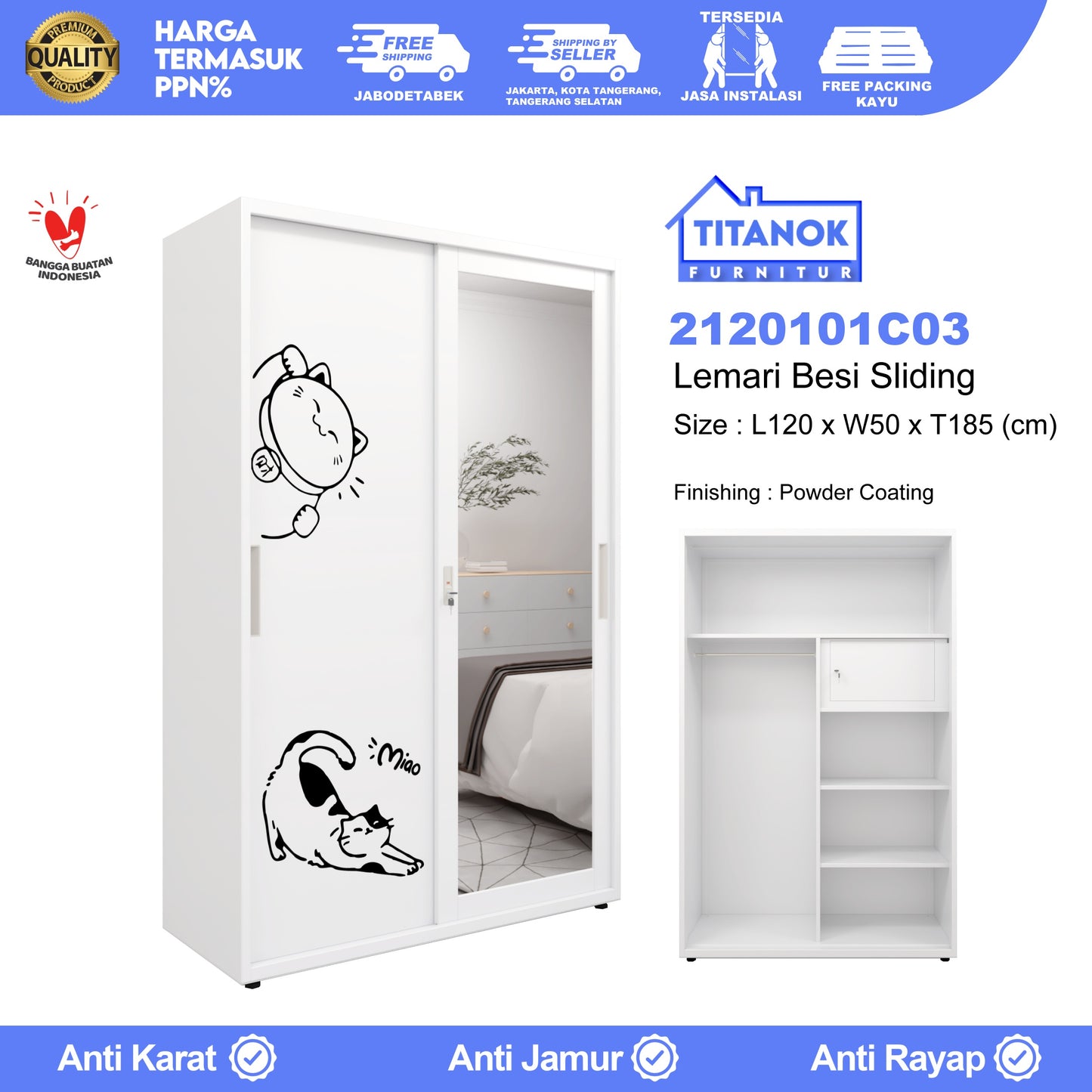 Lemari 2 Pintu Ukuran 120cm Motif Kucing Gemoy