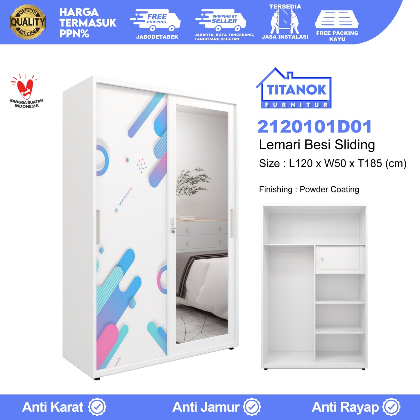Lemari 2 Pintu Ukuran 120cm Motif Dot Biru dan Pink