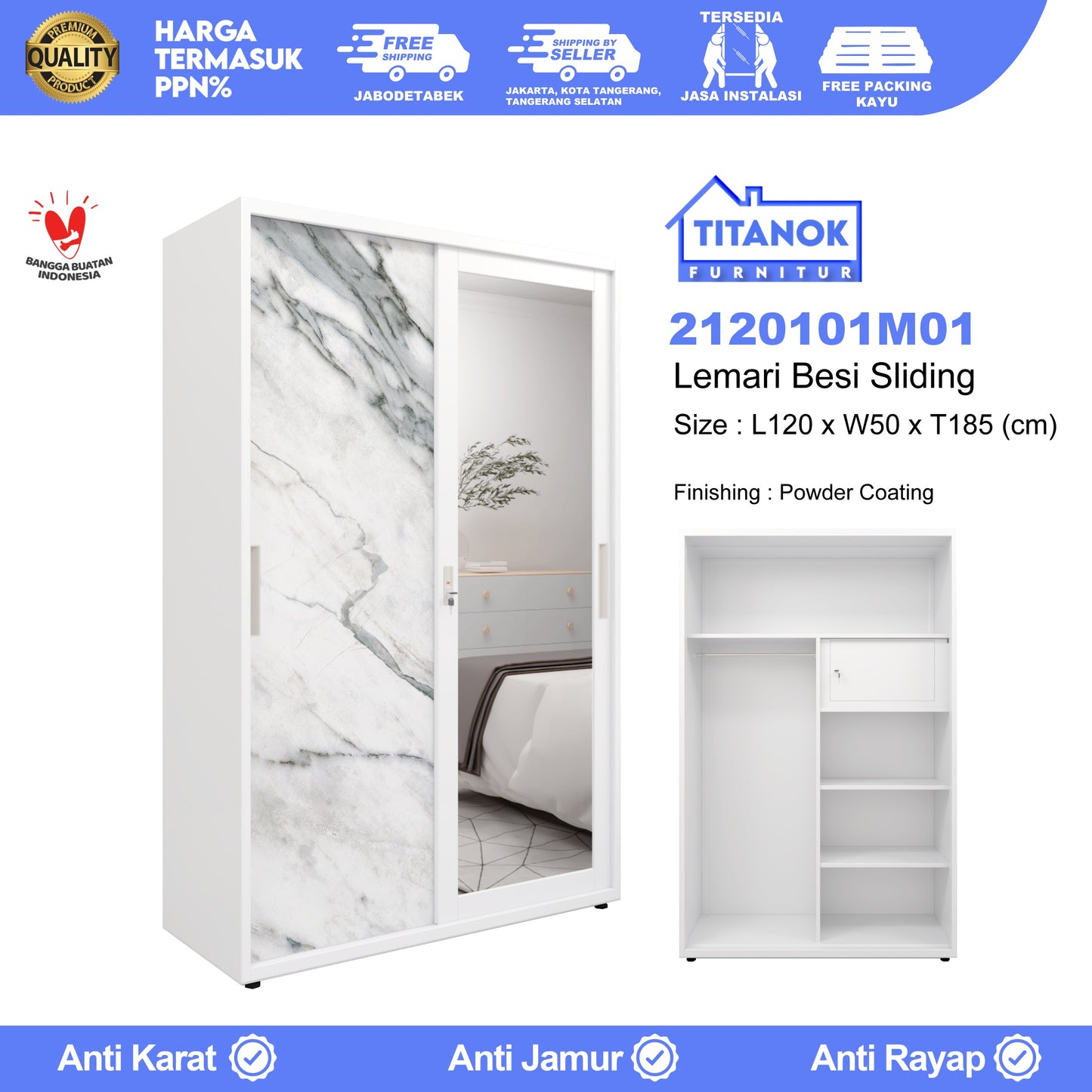 Lemari 2 Pintu Ukuran 120cm Motif Marble Abu