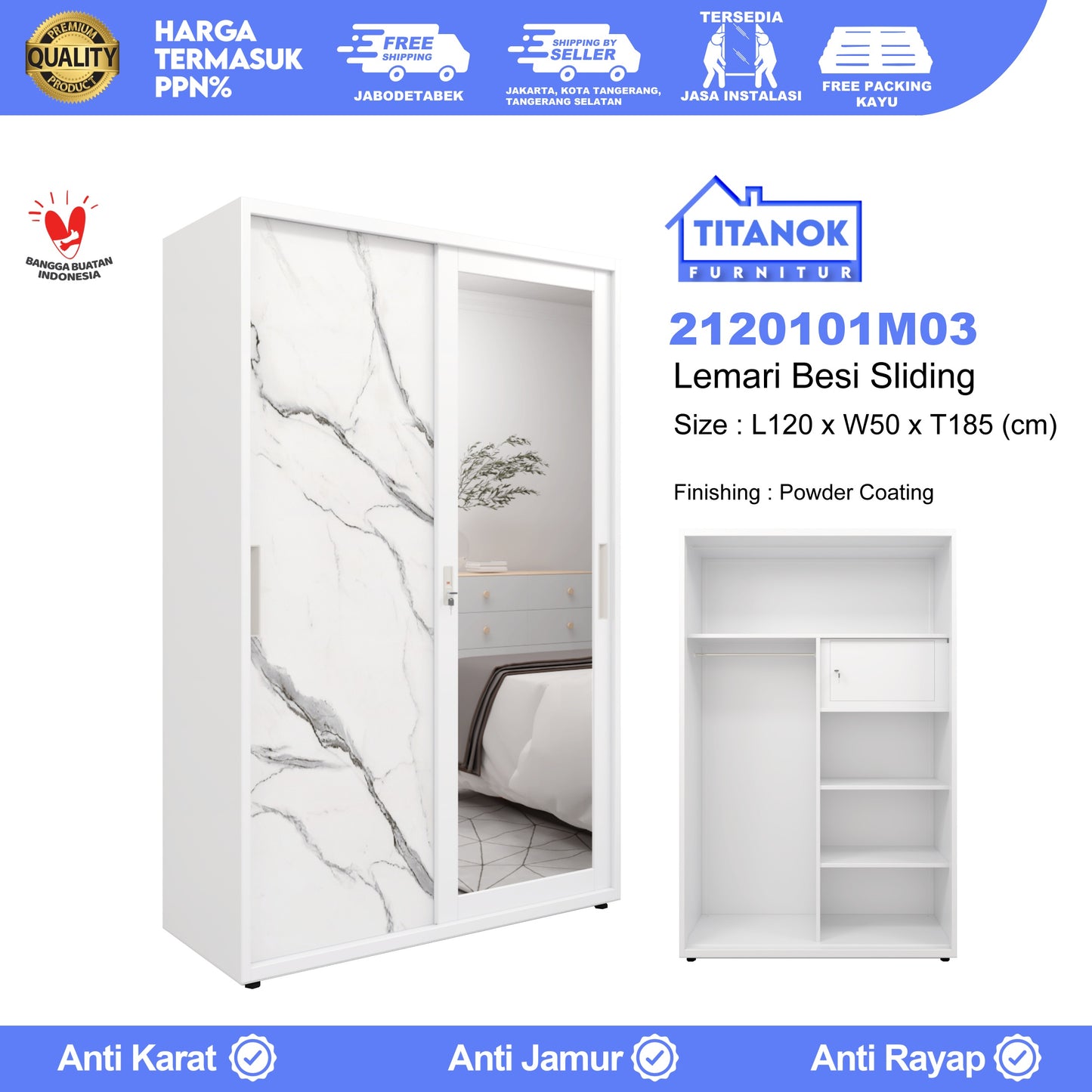 Lemari 2 Pintu Ukuran 120cm Motif Marble Putih