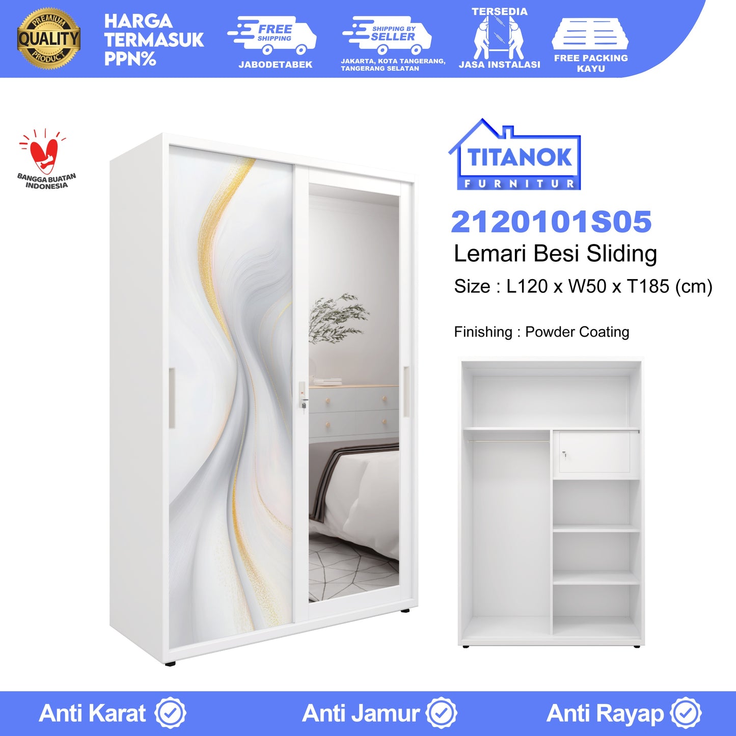 Lemari 2 Pintu Ukuran 120cm Motif Gelombang Emas dan Abu