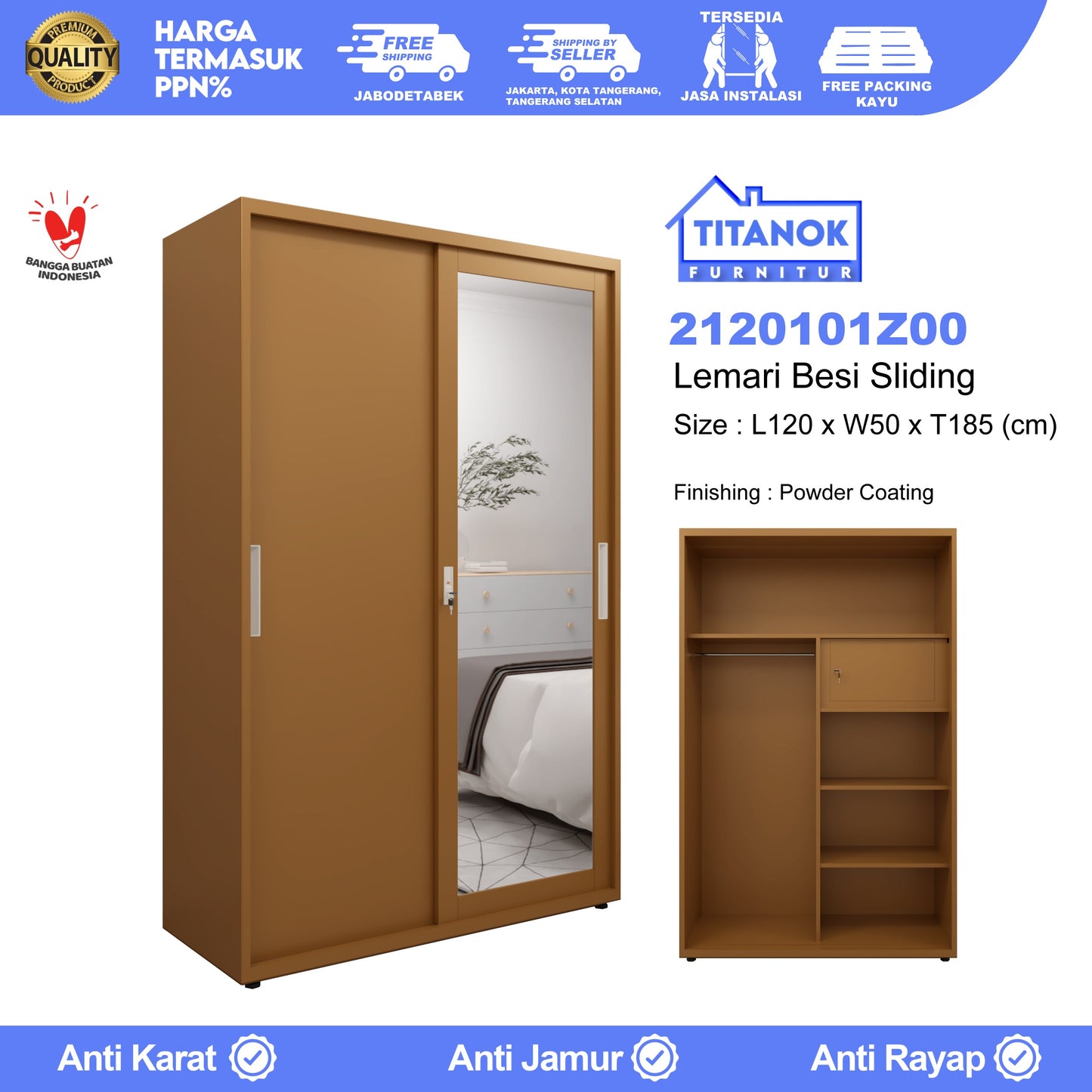 Lemari 2 Pintu Ukuran 120 Cokelat Polos