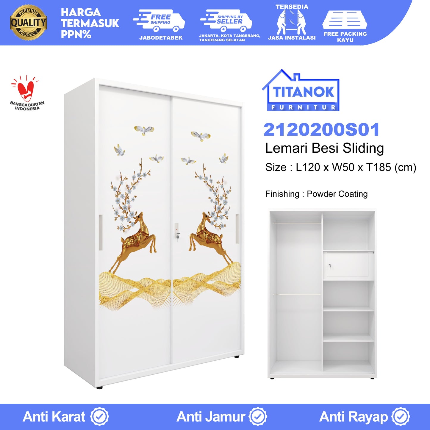 Lemari 2 Pintu Ukuran 120 Tanpa Kaca Motif Rusa