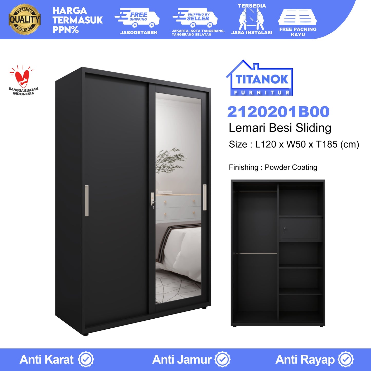 Lemari 2 Pintu Ukuran 120 Hitam Polos