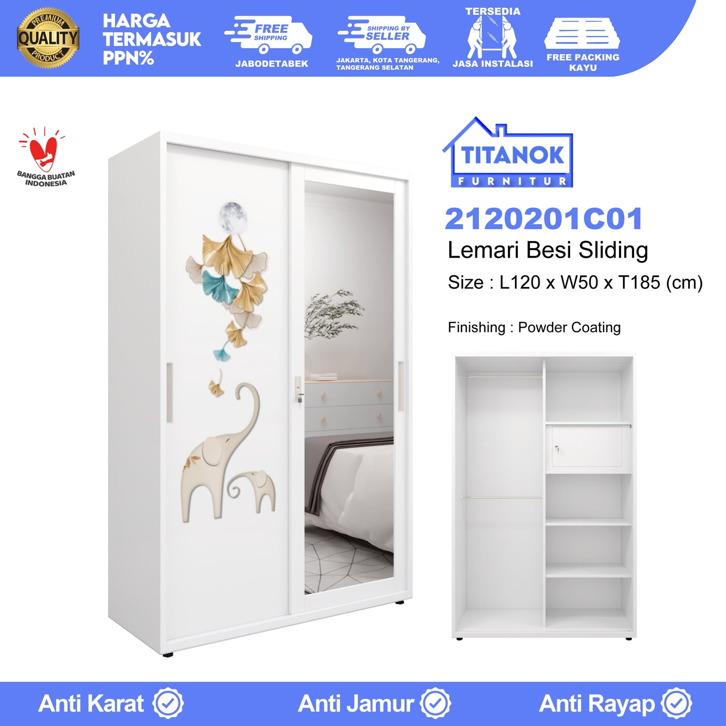Lemari 2 Pintu Ukuran 120cm Motif Gajah