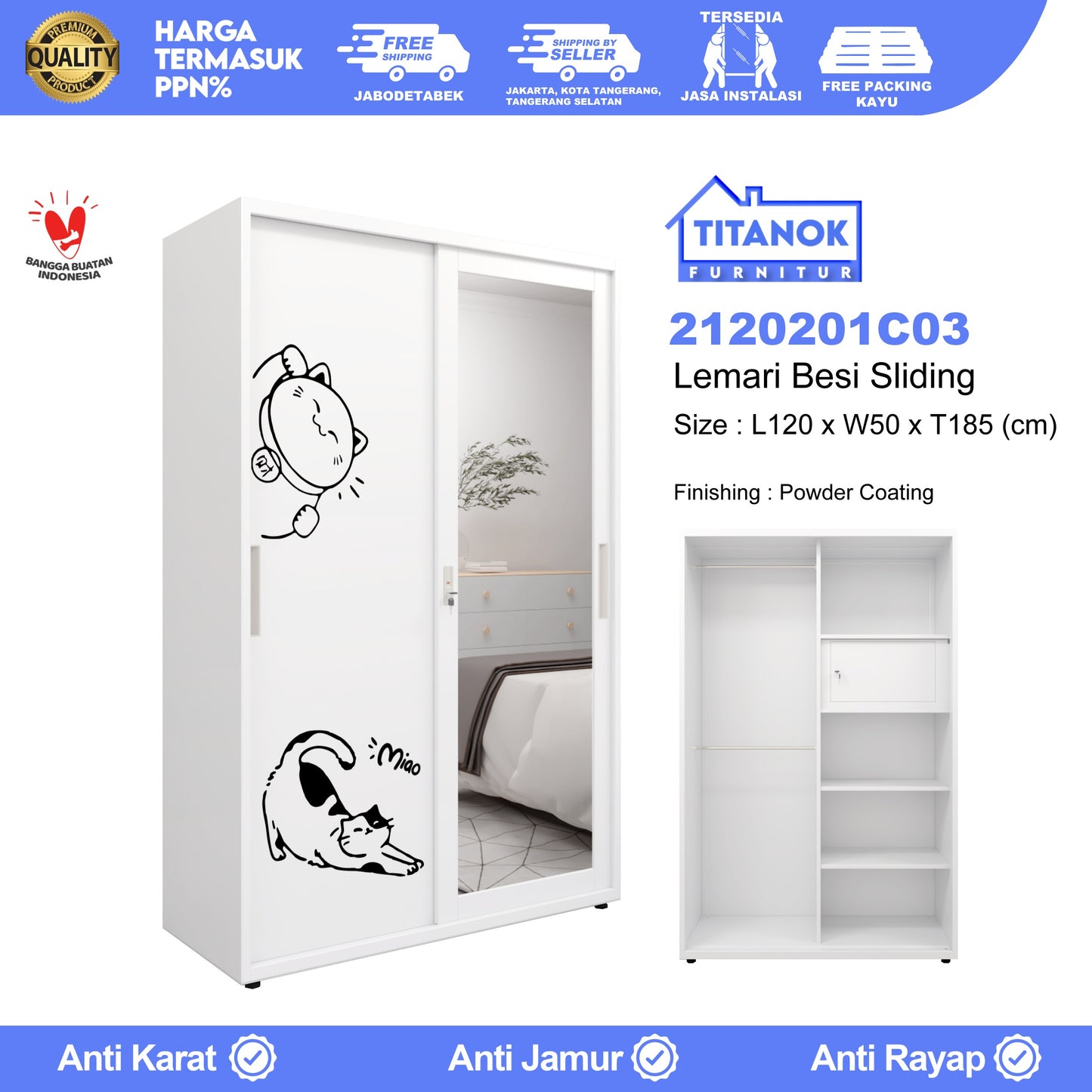 Lemari 2 Pintu Ukuran 120cm Motif Kucing Gemoy