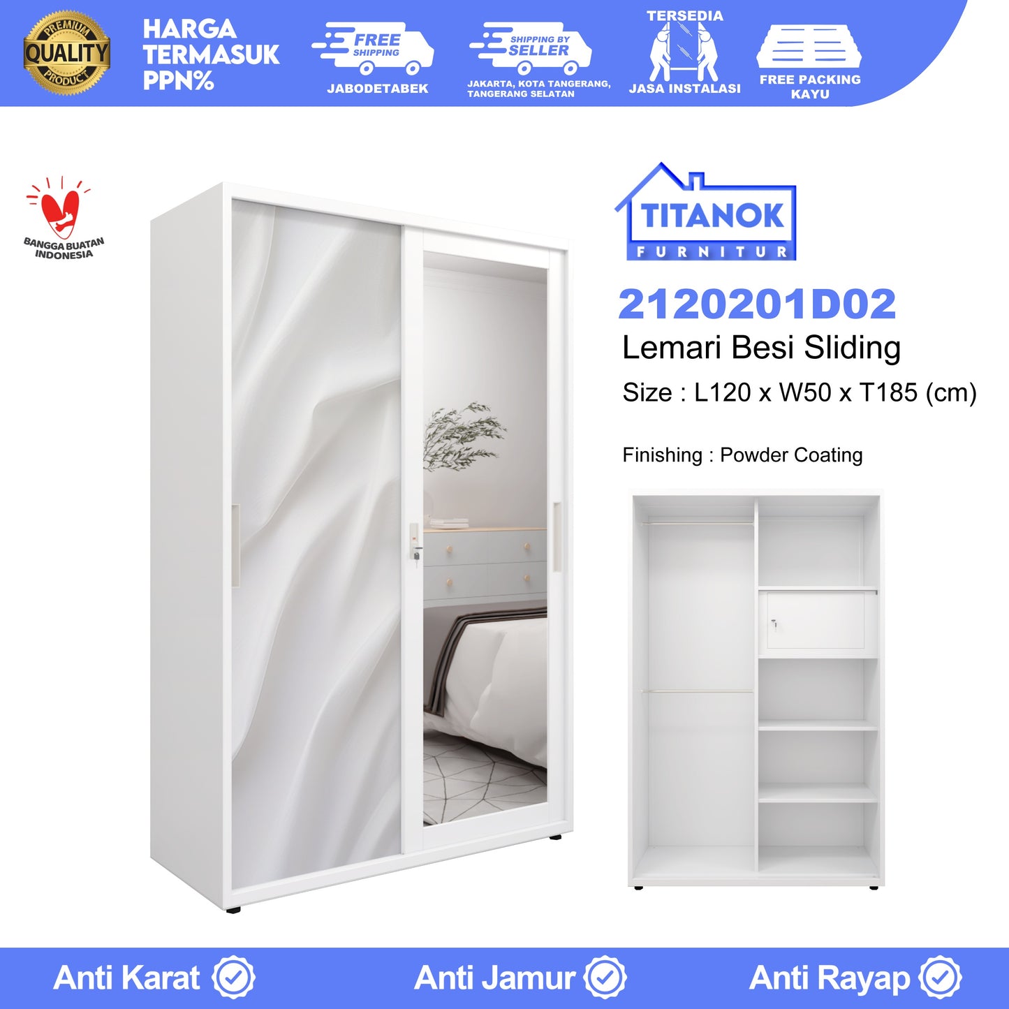 Lemari 2 Pintu Ukuran 120cm Motif Sutra Putih