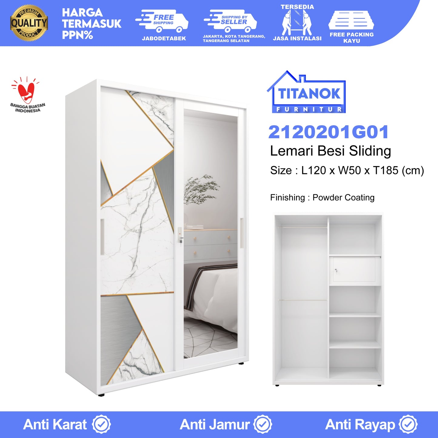Lemari 2 Pintu Ukuran 120cm Motif Geometri Gold