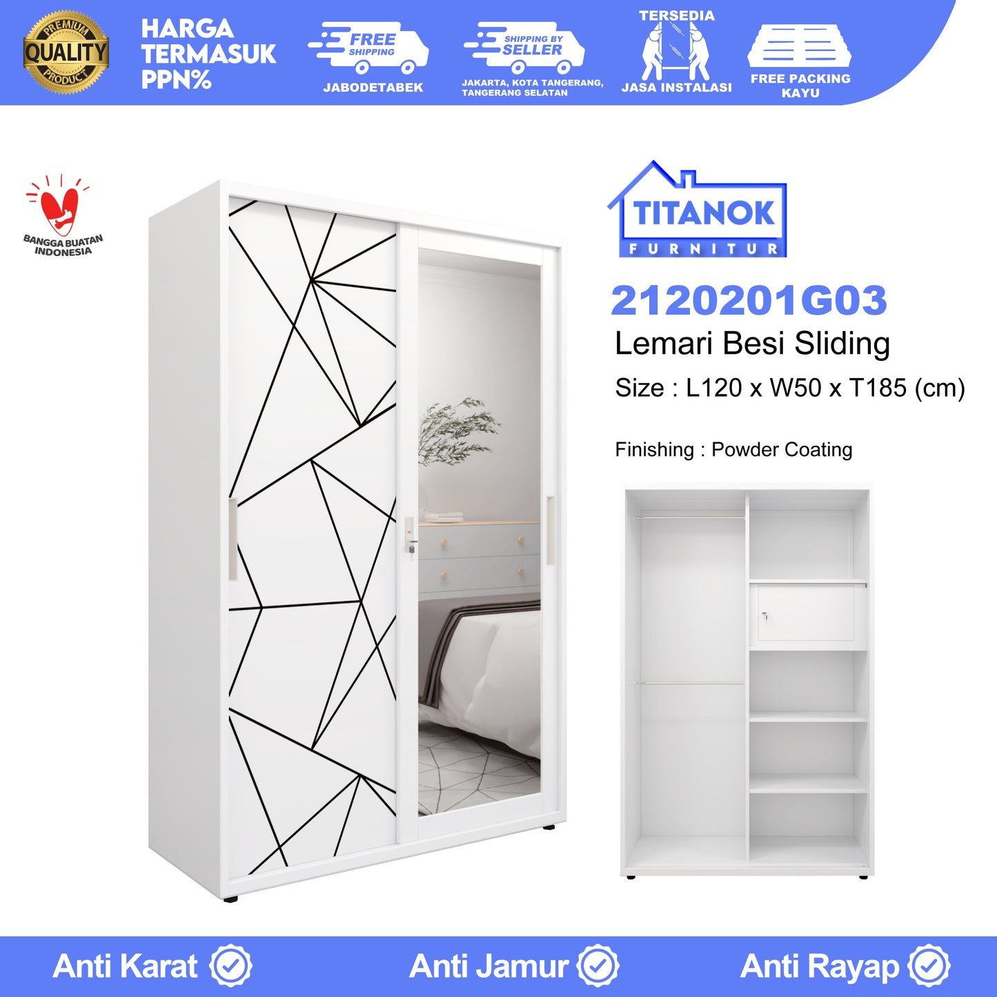 Lemari 2 Pintu Ukuran 120cm Motif Geometri Hitam