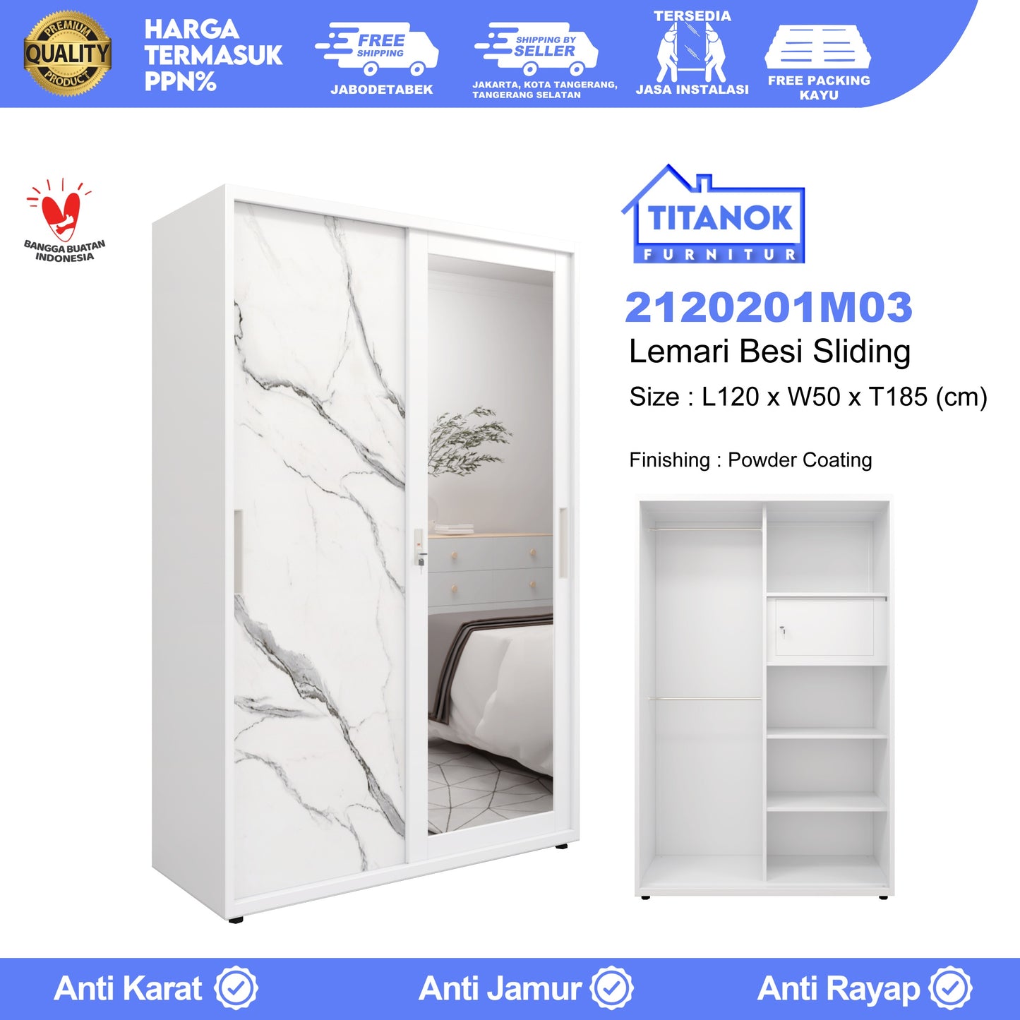 Lemari 2 Pintu Ukuran 120cm Motif Marble Putih