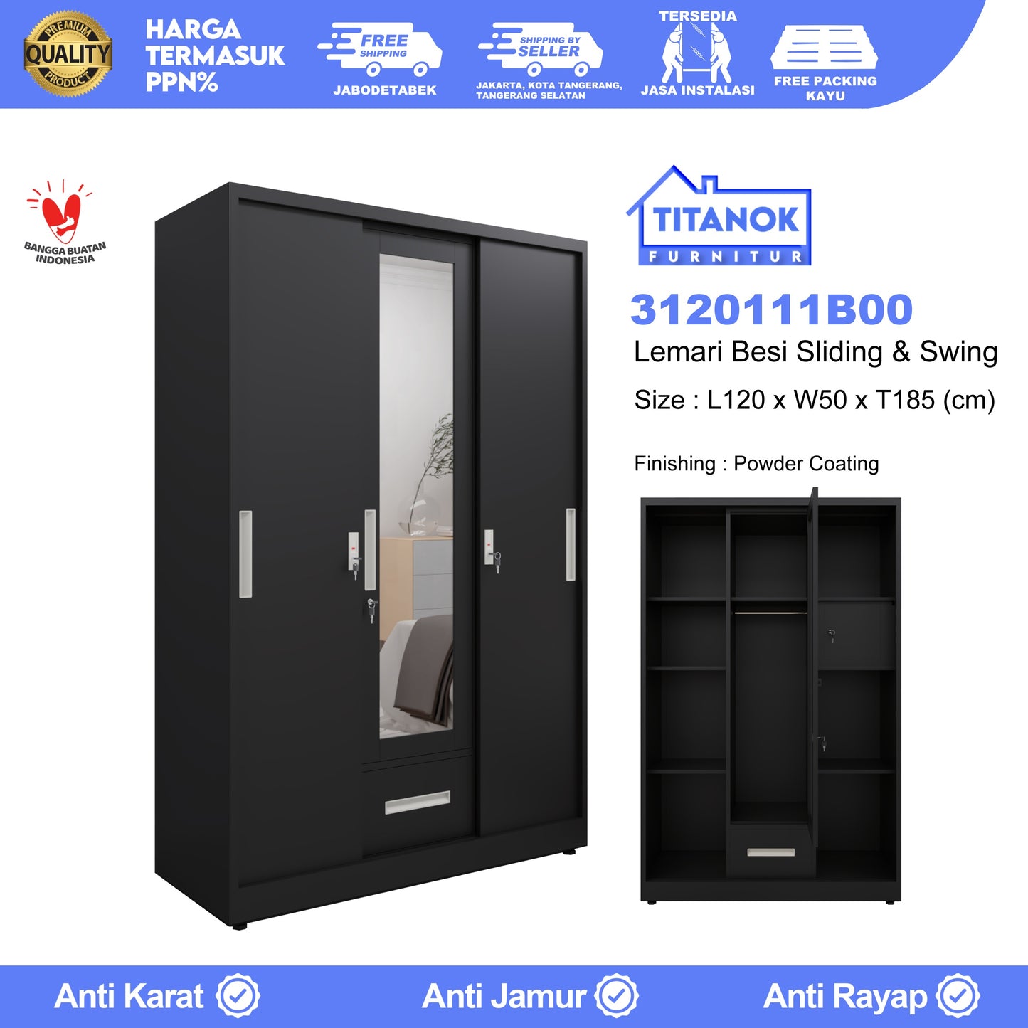 Lemari 3 Pintu Ukuran 120cm Extra Laci Motif Polos