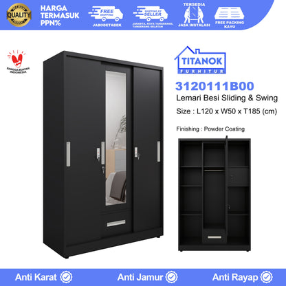 Lemari 3 Pintu Ukuran 120cm Extra Laci Motif Polos