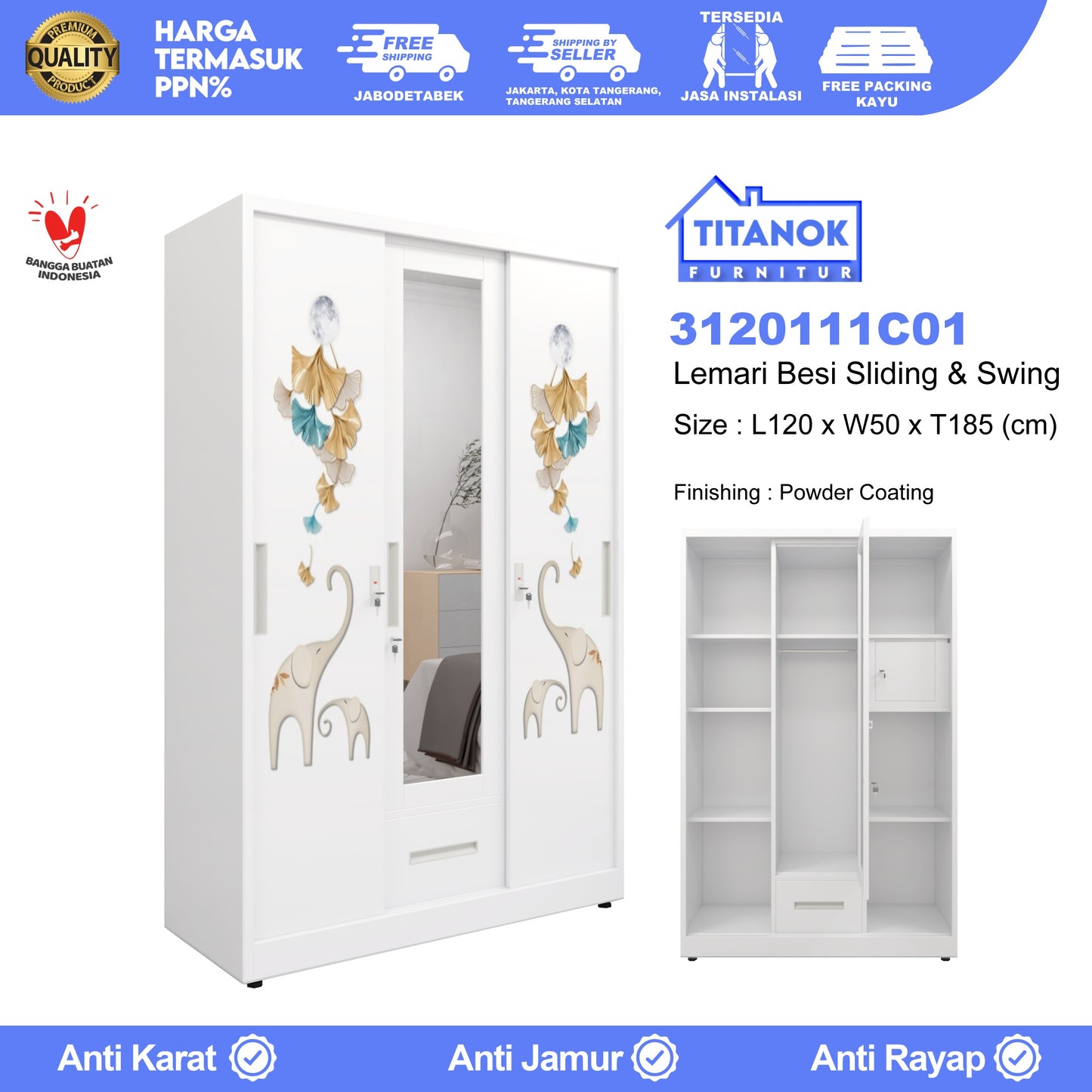 Lemari 3 Pintu Ukuran 120cm Extra Laci Motif Gajah