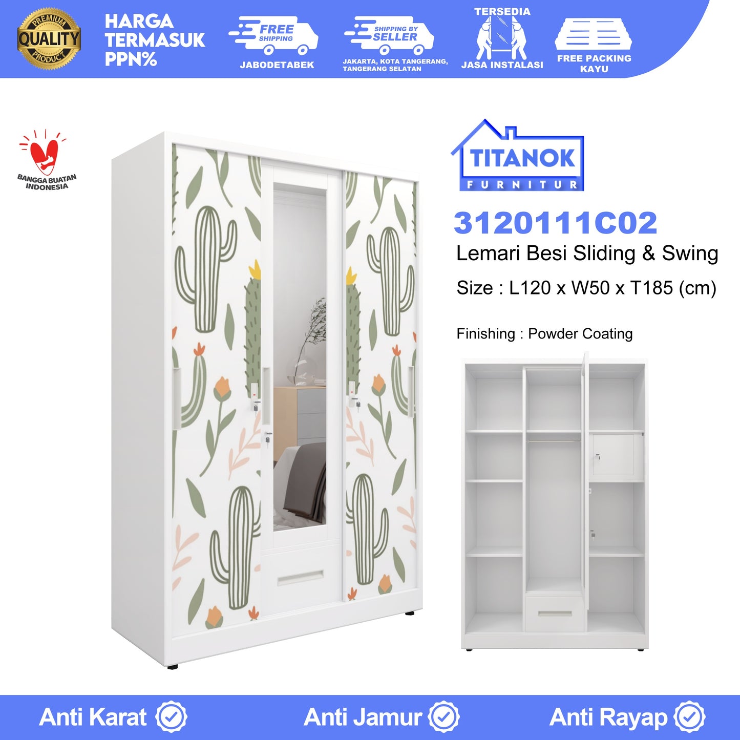 Lemari 3 Pintu Ukuran 120cm Extra Laci Motif Kaktus