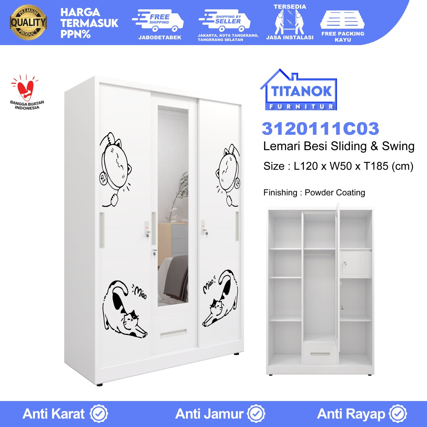 Lemari 3 Pintu Ukuran 120cm Extra Laci Motif Kucing Gemoy