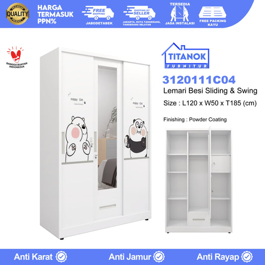 Lemari 3 Pintu Ukuran 120cm Extra Laci Motif Kartun Beruang