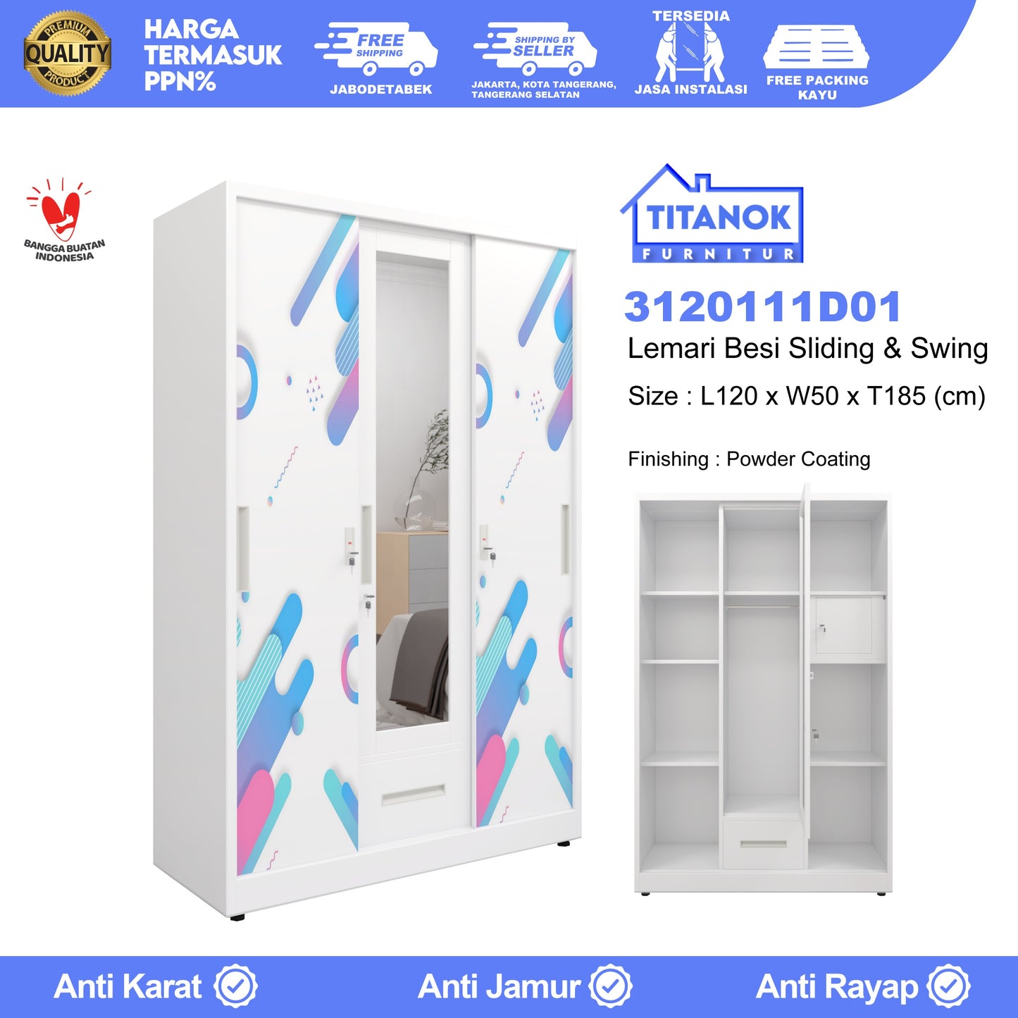 Lemari 3 Pintu Ukuran 120cm Extra Laci Motif Dot Biru dan Pink