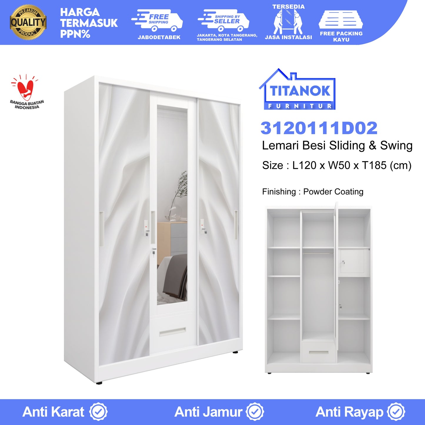 Lemari 3 Pintu Ukuran 120cm Extra Laci Motif Sutra Putih