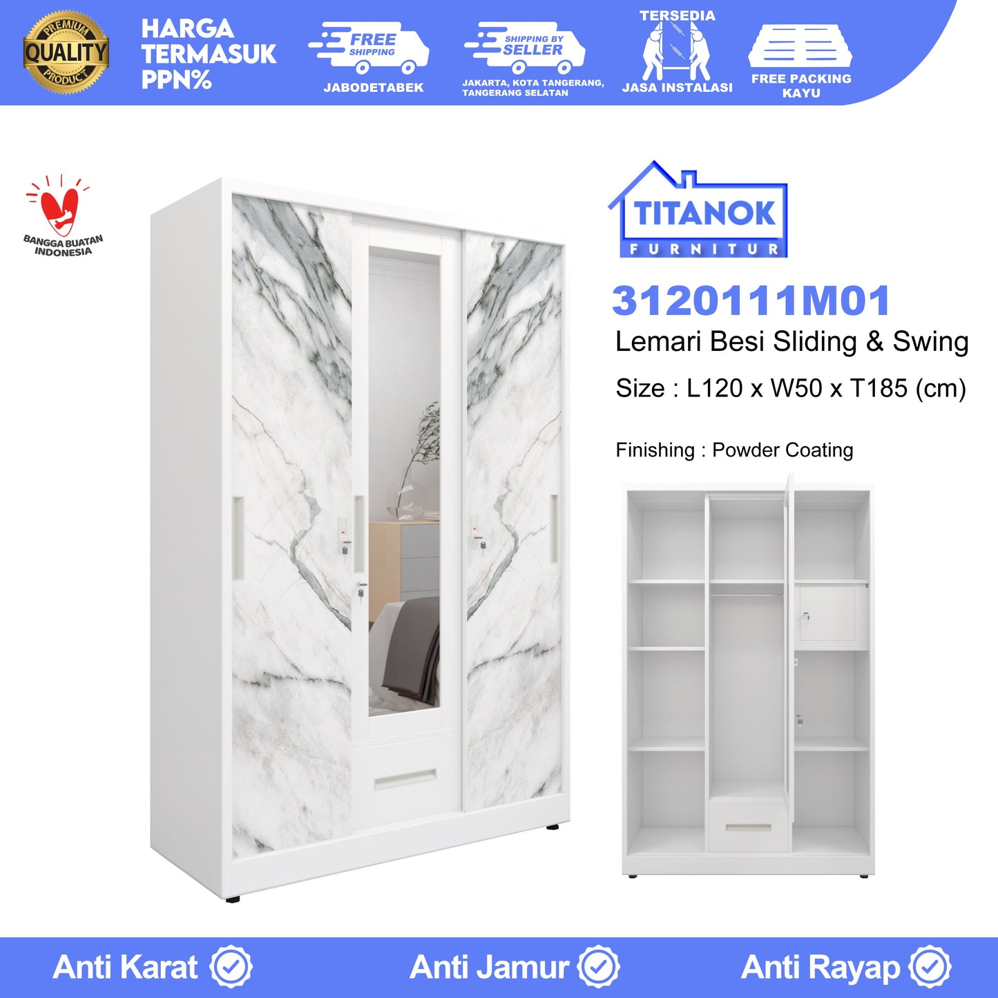 Lemari 3 Pintu Ukuran 120cm Extra Laci Motif Marble Abu