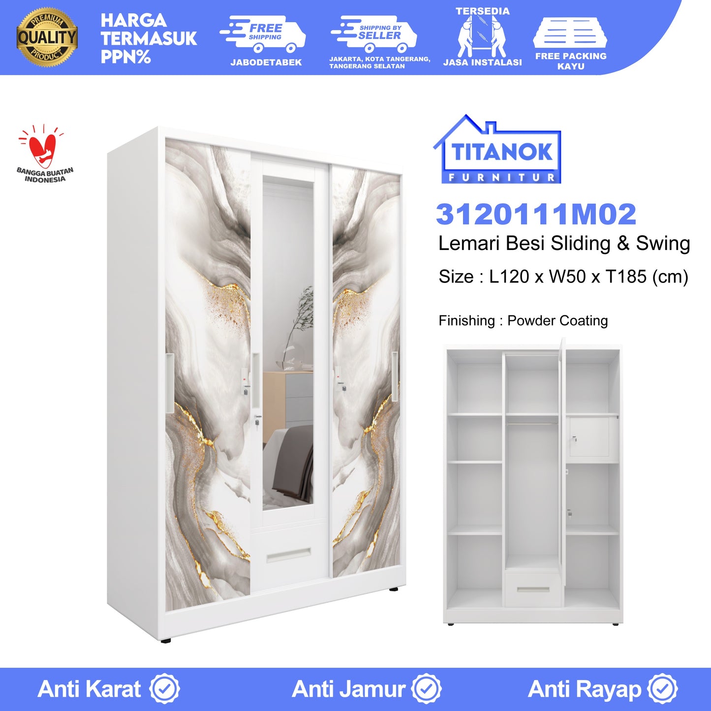 Lemari 3 Pintu Ukuran 120cm Extra Laci Motif Marble Gold