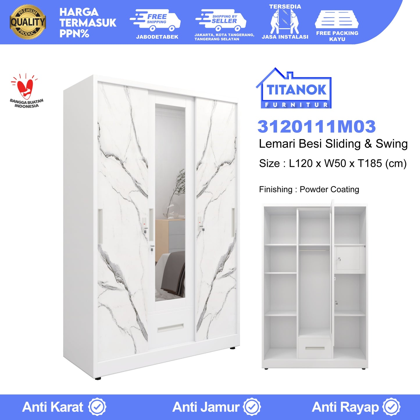 Lemari 3 Pintu Ukuran 120cm Extra Laci Motif Marble Putih
