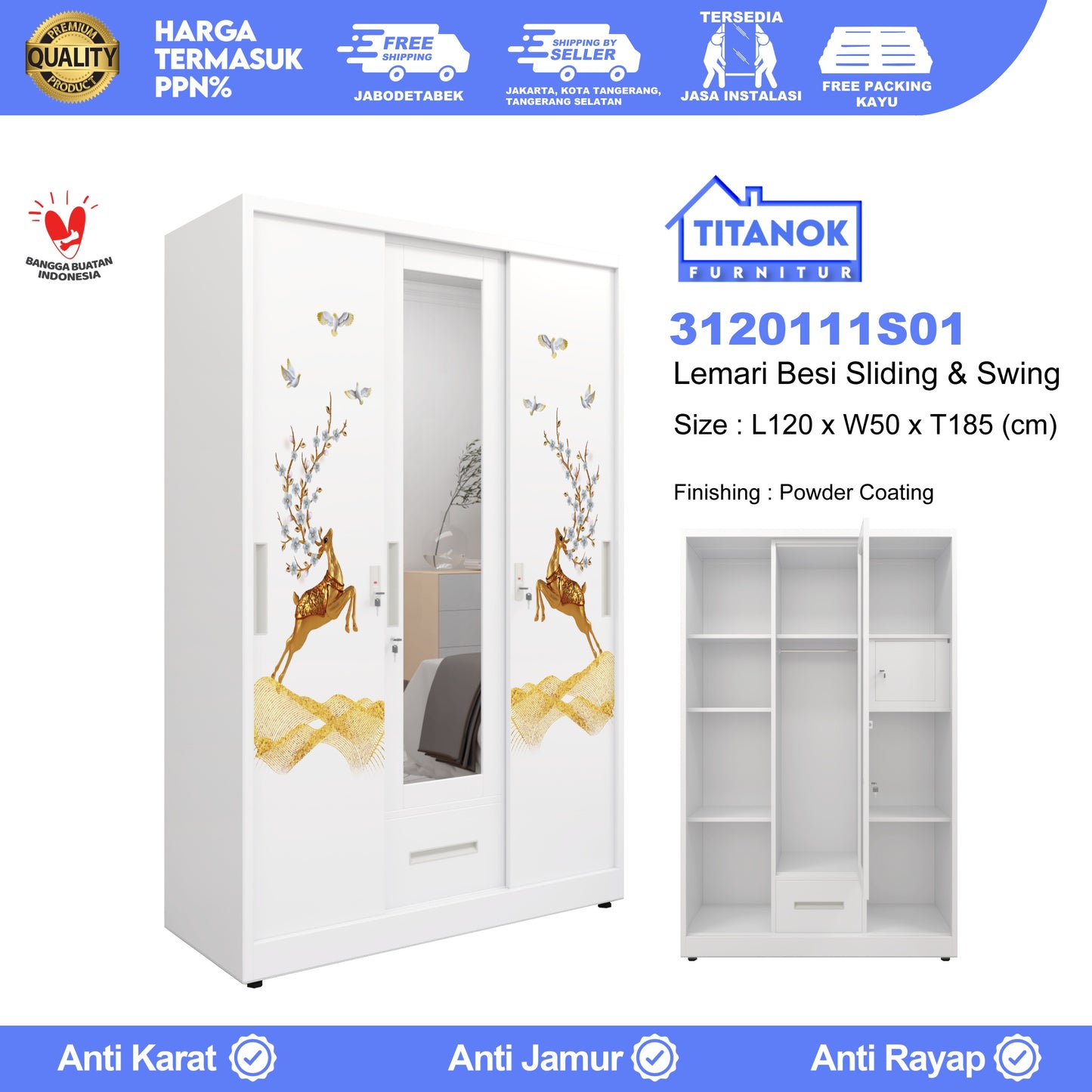 Lemari 3 Pintu Ukuran 120cm Extra Laci Motif Rusa