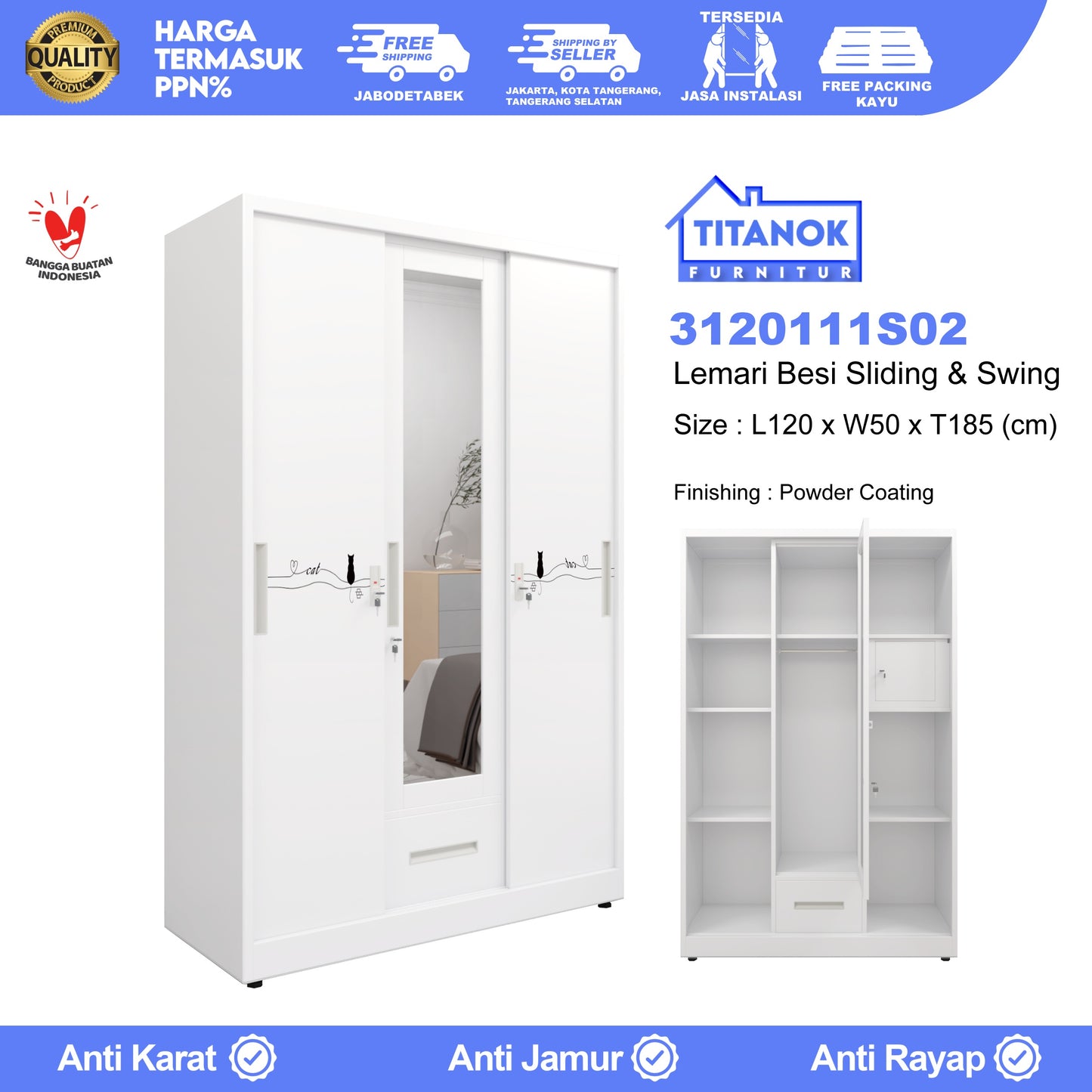 Lemari 3 Pintu Ukuran 120cm Extra Laci Motif Kucing Minimalis