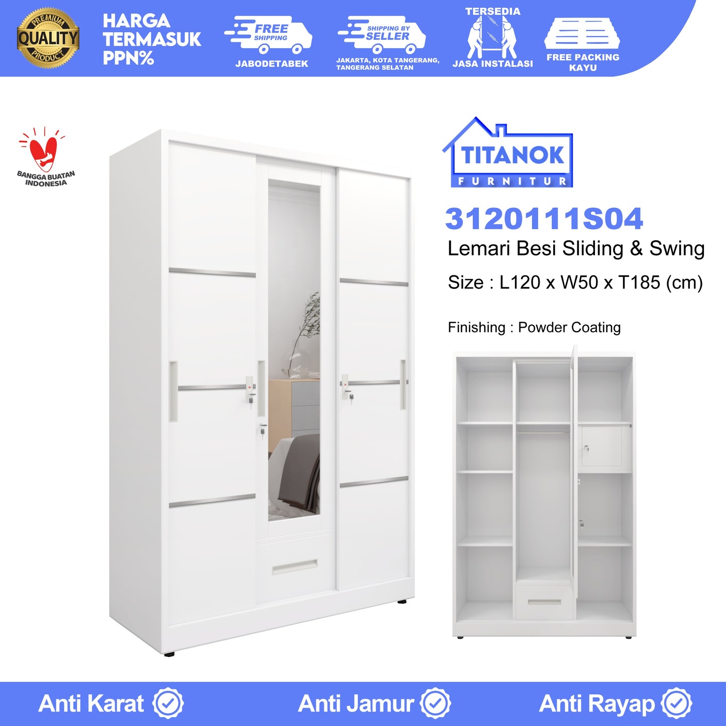 Lemari 3 Pintu Ukuran 120cm Extra Laci Motif List Silver