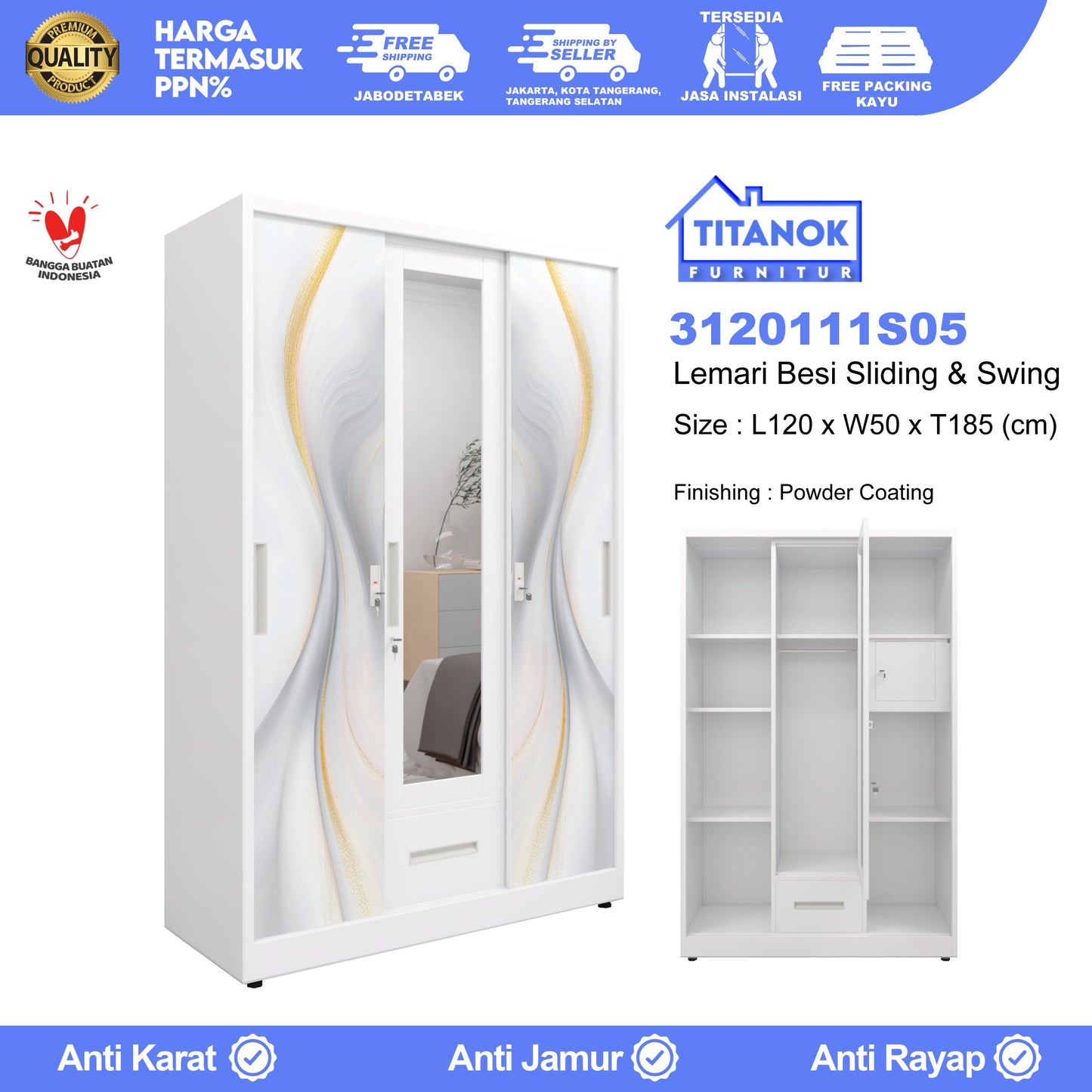 Lemari 3 Pintu Ukuran 120cm Extra Laci Motif Gelombang Emas dan Abu