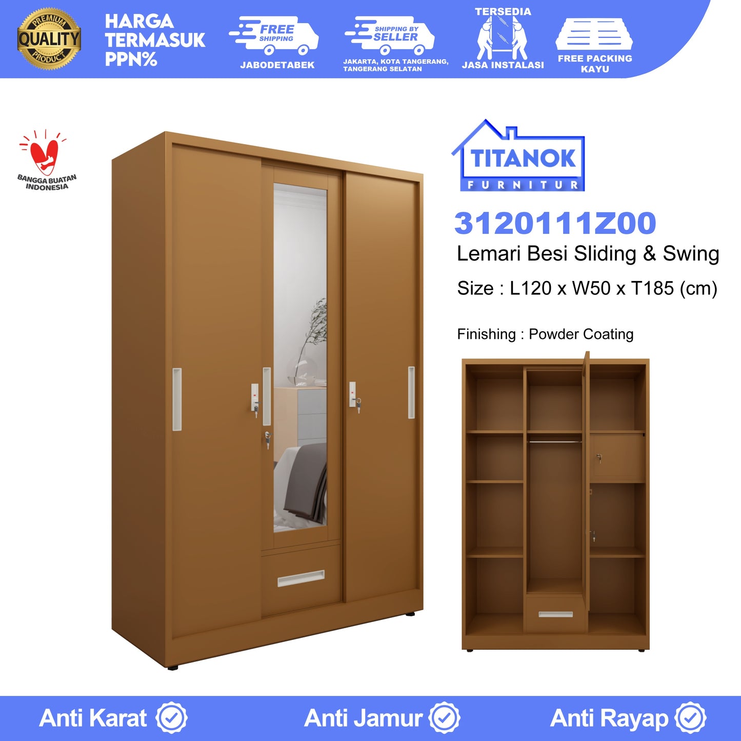 Lemari 3 Pintu Ukuran 120cm Extra Laci Motif Polos