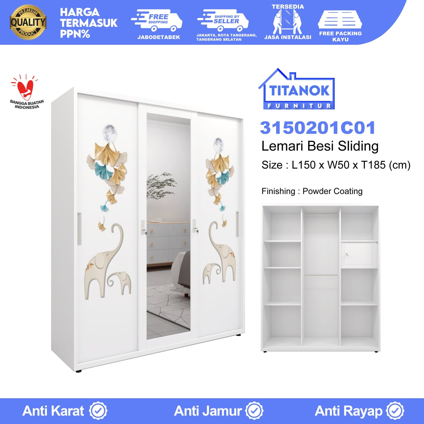 Lemari 3 Pintu Full Sliding Ukuran 150cm Motif Gajah